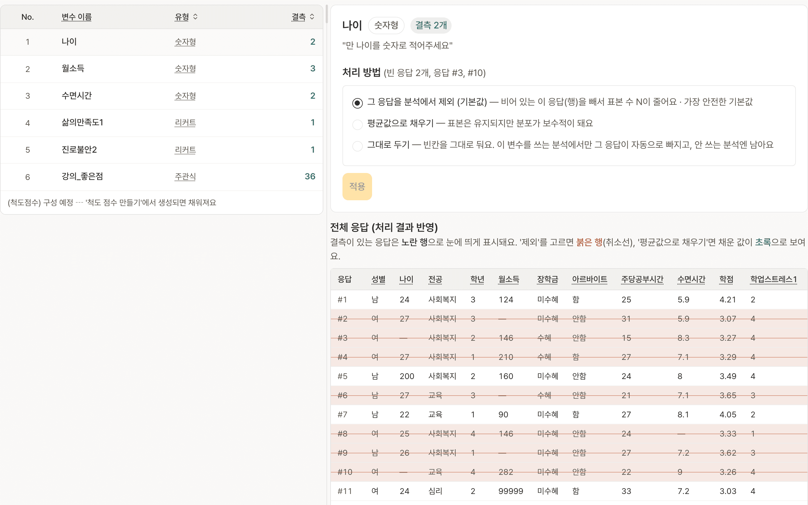 결측치 정리 화면. 나이 변수의 빈 응답 처리 방법(그 응답을 분석에서 제외 · 평균값으로 채우기 · 그대로 두기)을 고르는 패널