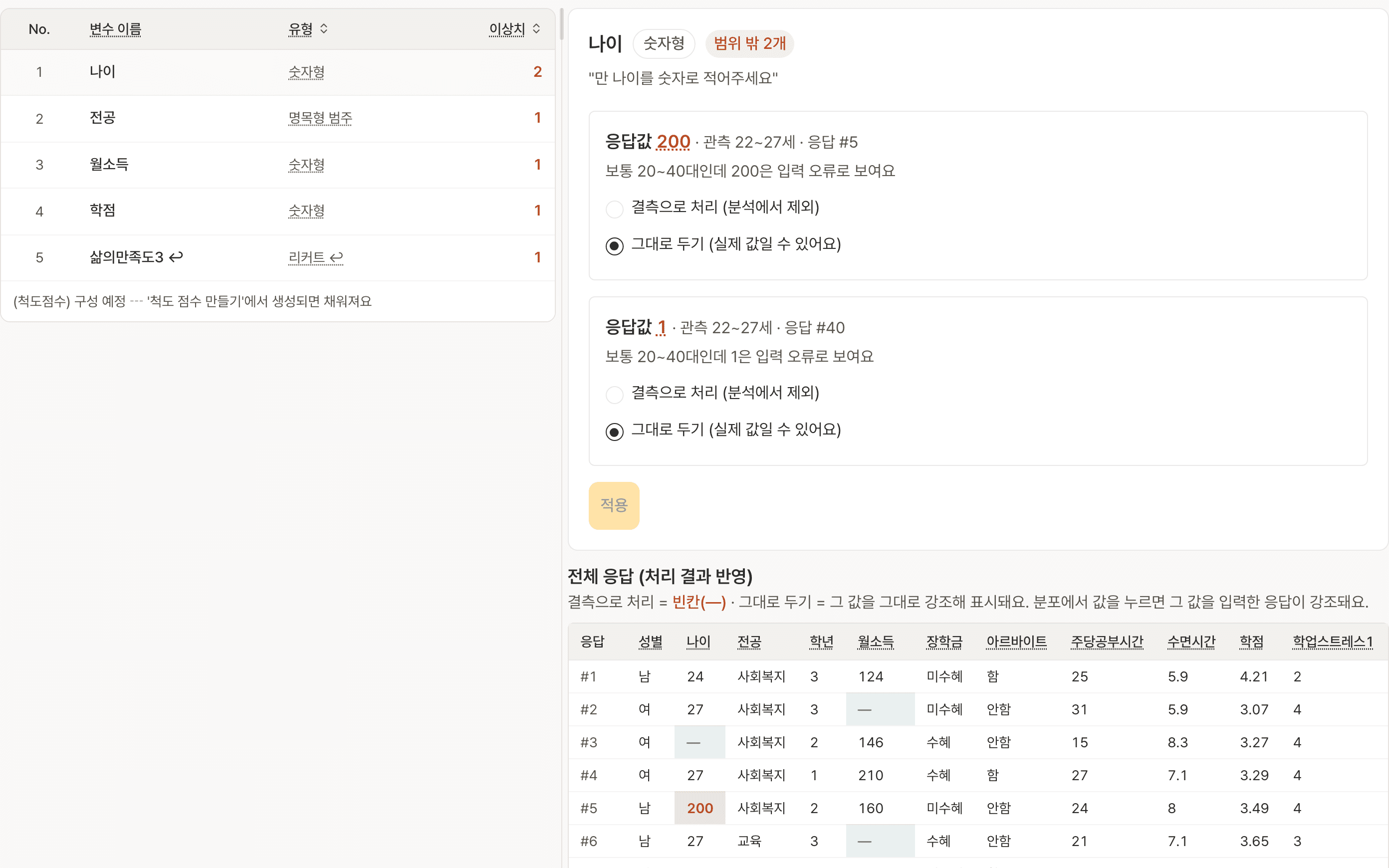 이상치 정리 화면. 나이 응답값 200(응답 #5)을 결측으로 처리할지 그대로 둘지 고르는 카드