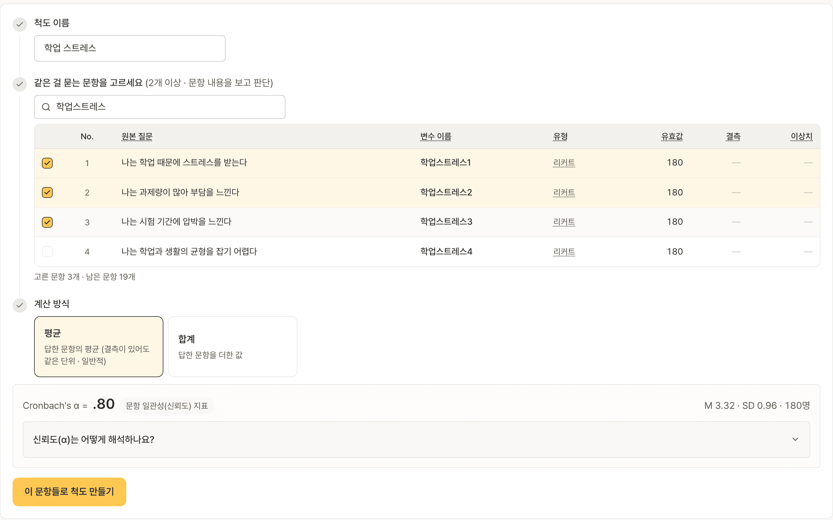척도 점수 만들기 화면. 문항을 고르자 Cronbach's α와 평균·표준편차·응답 수가 바로 표시된 신뢰도 상자